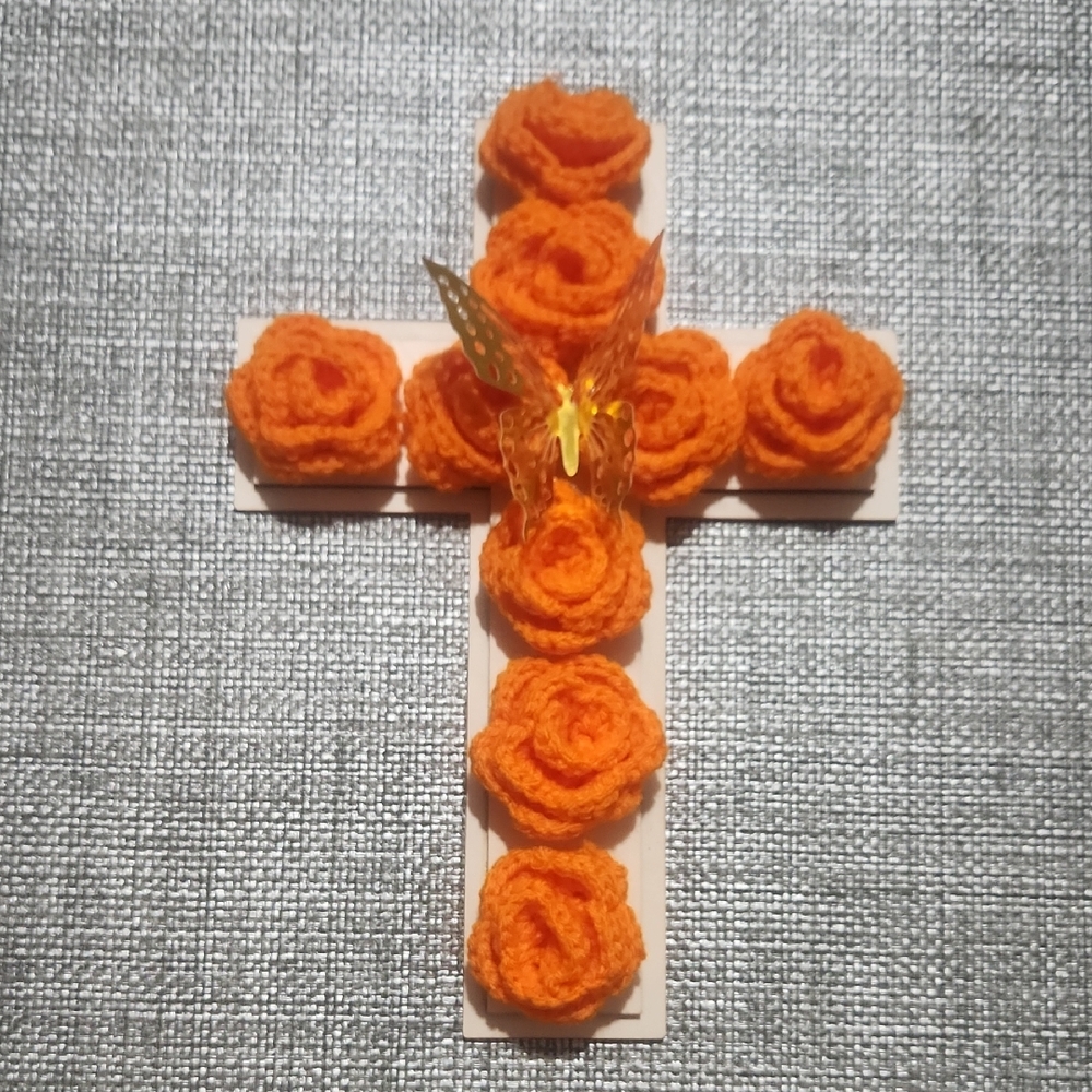 Orange Crochet Rose Cross Decor